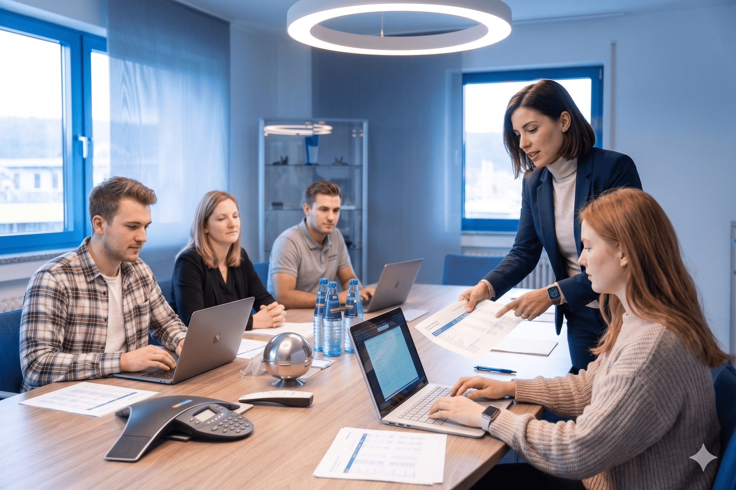 Team bei Produktionsplanung im Meetingraum, Fokus auf Zusammenarbeit.